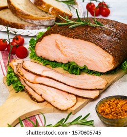 Roasted Turkey Breast Cajun Style Deli Lunch Meat On White Wooden Background. Selective Focus.