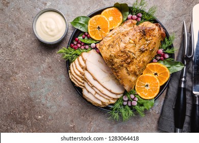 Roasted Turkey Breast For Festive Dinner On Dark Stone Background, Top View With Copy Space