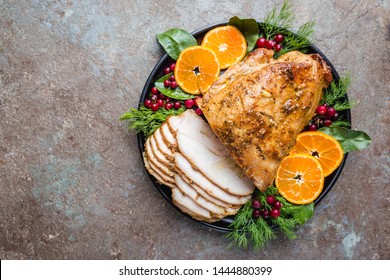 Roasted Turkey Breast For Festive Dinner On Dark Stone Background, Top View With Copy Space