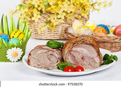 Roasted Turkey And Easter Egg And Flowers Decoration