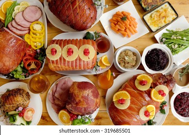 Roasted Turkey And Ham For Festive Dinner, Christmas Dinner, Holiday Table, Thanksgiving Day Celebration
