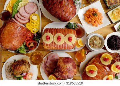 Roasted Turkey And Ham For Festive Dinner, Christmas Dinner, Holiday Table, Thanksgiving Day Celebration
