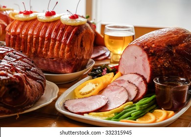 Roasted turkey and Ham for Festive dinner, Christmas dinner, Holiday table, Thanksgiving day celebration 