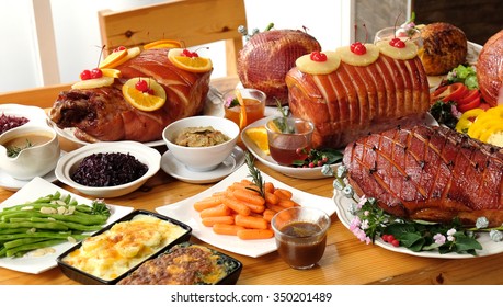 Roasted Turkey And Ham For Festive Dinner, Christmas Dinner, Holiday Table, Thanksgiving Day Celebration 