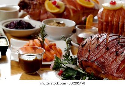 Roasted Turkey And Ham For Festive Dinner, Christmas Dinner, Holiday Table, Thanksgiving Day Celebration 