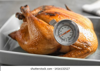 Roasted Turkey With Meat Thermometer In Baking Dish