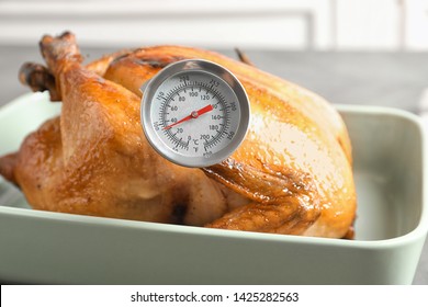 Roasted Turkey With Meat Thermometer In Baking Dish