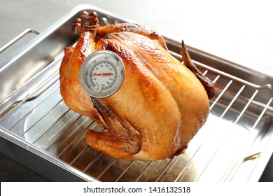 Roasted Turkey With Meat Thermometer On Baking Rack