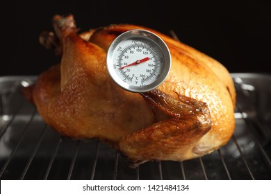 Roasted Turkey With Meat Thermometer On Baking Rack