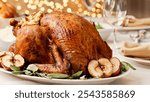 Roasted turkey on white platter, golden brown skin, apple slices, fresh herbs, festive ambiance, blurred lights, Thanksgiving, Christmas meal, tableware, warm, inviting atmosphere