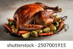 Roasted Turkey: Succulent turkey roasted to perfection with crispy skin, often served with gravy and stuffing, a holiday favorite.