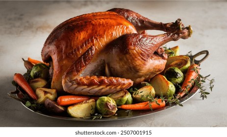 Roasted Turkey: Succulent turkey roasted to perfection with crispy skin, often served with gravy and stuffing, a holiday favorite.