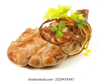 Roasted Veal Sweetbread with Onion Rings isolated on white Background