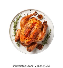 Roasted whole chicken with crispy skin, garnished with rosemary and spices, isolated top view - Powered by Shutterstock