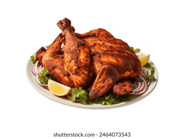 Roasted whole chicken on a plate garnished with fresh herbs, lemon wedges  isolated  - Powered by Shutterstock