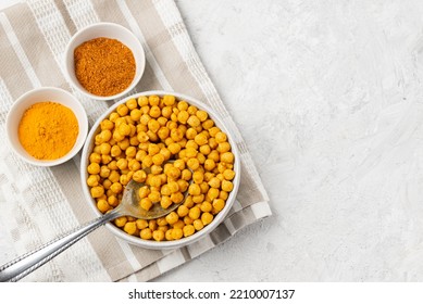 Roasting Chickpeas With Spices Curry Powder, Garam Masala And Turmeric On Napkin. Flat Lay, Top View With Copy Space