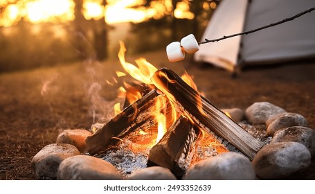 Roasting Marshmallows outside of camp tent - Powered by Shutterstock