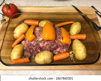 Roasting Pan Uncooked Meatloaf And Potatoes