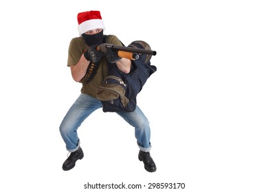 Robber In A Cap Of Santa Claus With Shotgun  Isolated