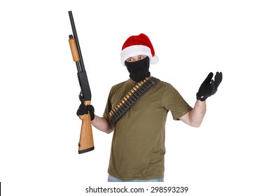 Robber In A Cap Of Santa Claus With Shotgun  Isolated