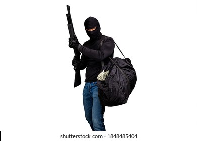 Robber With A Gun And A Bag Of Money Isolated On White Background