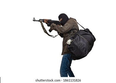 Räuber mit einer Pistole und einer Geldtasche einzeln auf weißem Hintergrund