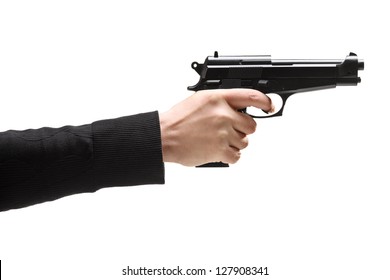 Robber Holding A Gun Isolated Against White Background