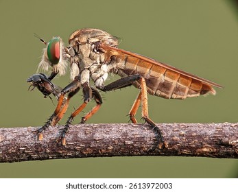 a Robberfly is eating its prey 