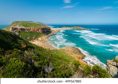 Robberg Nature Reserve Near Plettenberg Bay, Garden Route. Wonderful Beach And Indian Ocean Waves From Above. Robberg Peninsula, South African Landscape, South Africa, Garden Route Wilderness 