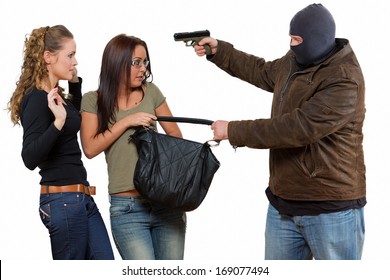 Robbery / Bad Guy Is Robbering A Two Young Women With A Gun