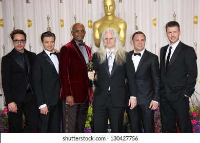 Robert Downey Jr., Jeremy Renner, Samuel L Jackson, Claudio Miranda, Mark Ruffalo And Chris Evans At The 85th Annual Academy Awards Press Room, Dolby Theater, Hollywood, CA 02-24-13