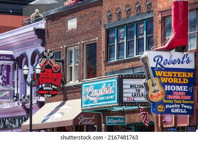  Robert's Western World, Layla's Bar And The Second Fiddle Sign On Broadway In Nashville, Tennessee On May 30th, 2022.
