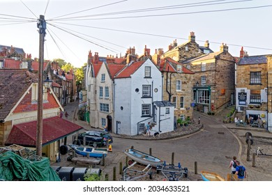 Robin Hood's Bay - small fishing village and a bay in in the North York Moors National Park. Robin Hood Bay village street scenes - North Yorkshire, England - 14th of July 2021