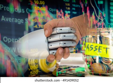 ROBO Adviser concept. Double exposure of man and robot hand shaking  on abstract investment management background.