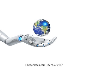 Robot Ai Hand Holding Earth Planet Isolated on White background with clipping path, 3d rendering, Elements of this image furnished by NASA