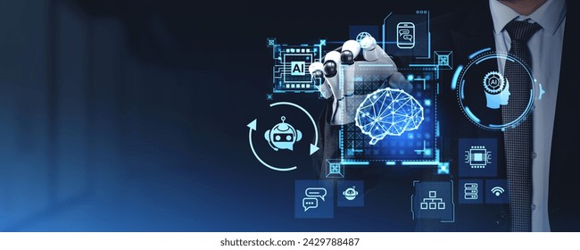 Robot arm finger touch virtual screen with digital hologram, AI brain and chat bot icons, artificial intelligence and smart technology. Concept of machine learning and innovation  - Powered by Shutterstock