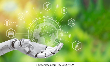 Robot arm holding earth on green tree background,Environment concept, Artificial Intelligence and Technology ecology concept.