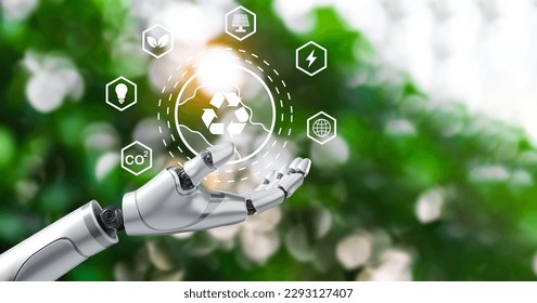 Robot arm holding earth on green tree background,Environment concept, Artificial Intelligence and Technology ecology concept,Clean  energy - Powered by Shutterstock