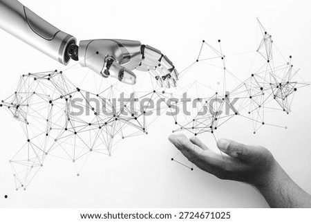 Robot arm and human hand touching through digital network mesh on white background,Monochromestyle.,Artificial Intelligence, machine learning, and future technology collaboration concept.