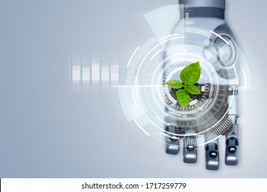 Robot Arm With A Plant. Digital Transformation In Agriculture And Smart Farming.