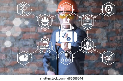 Robot Artificial Intelligence Industry 4.0 concept. Man presses robot gears button on a virtual graphical user interface. - Powered by Shutterstock