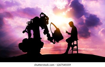Robot Assistant Technology , Industry 4.0 , Artificial Intelligence Trend Concept. Silhouette Of Business Man Talking To Automation Robo Advisor Arm. Bokeh Flare Light Effect With Sunrise Background. 