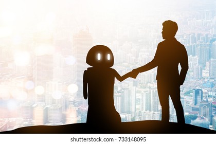 Robot Assistant Technology , Industry 4.0 , Artificial Intelligence Trend Concept. Silhouette Of Business Man Talking To Automation Robo Advisor. Bokeh Flare Light Effect With Building Background.