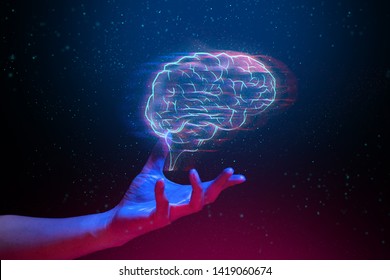 robot brain digital data ai global network technology hologram with light and hand of human in sci-fi futuristic concept, touch the science atom molecule, system link to worldwide, creative idea think