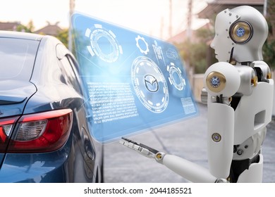 Robot cyber future futuristic humanoid with auto, automobile, automotive car check, for fix in garage industry so inspection, inspector insurance maintenance  mechanic repair robot service technology
