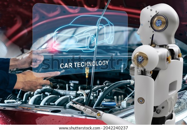 Robot cyber future futuristic humanoid with\
auto, automobile, automotive car check, for fix in garage industry\
so inspection, inspector insurance maintenance  mechanic repair\
robot service technology