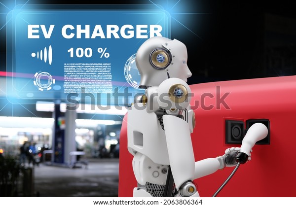 Robot cyber future futuristic humanoid Hi tech\
industry garage EV-car charger recharge refuel electric station\
vehicle transport transportation future Car customers for transport\
automotive automobile