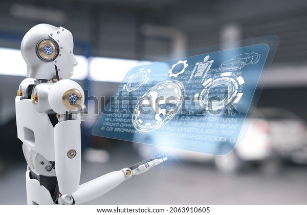 Robot cyber future futuristic humanoid auto,\
automobile, automotive car check fix in garage industry inspection\
inspector insurance maintenance  mechanic repair robot service\
technology
