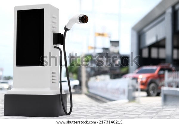 Robot cyber future futuristic humanoid Hi tech\
industry garage EV-car charger recharge refuel electric station\
vehicle transport transportation future Car transport automotive\
automobile
