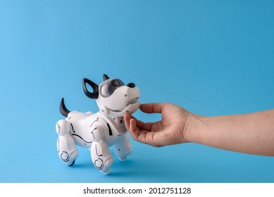Robot dog pet on light blue background with human hand - Shutterstock ID 2012751128